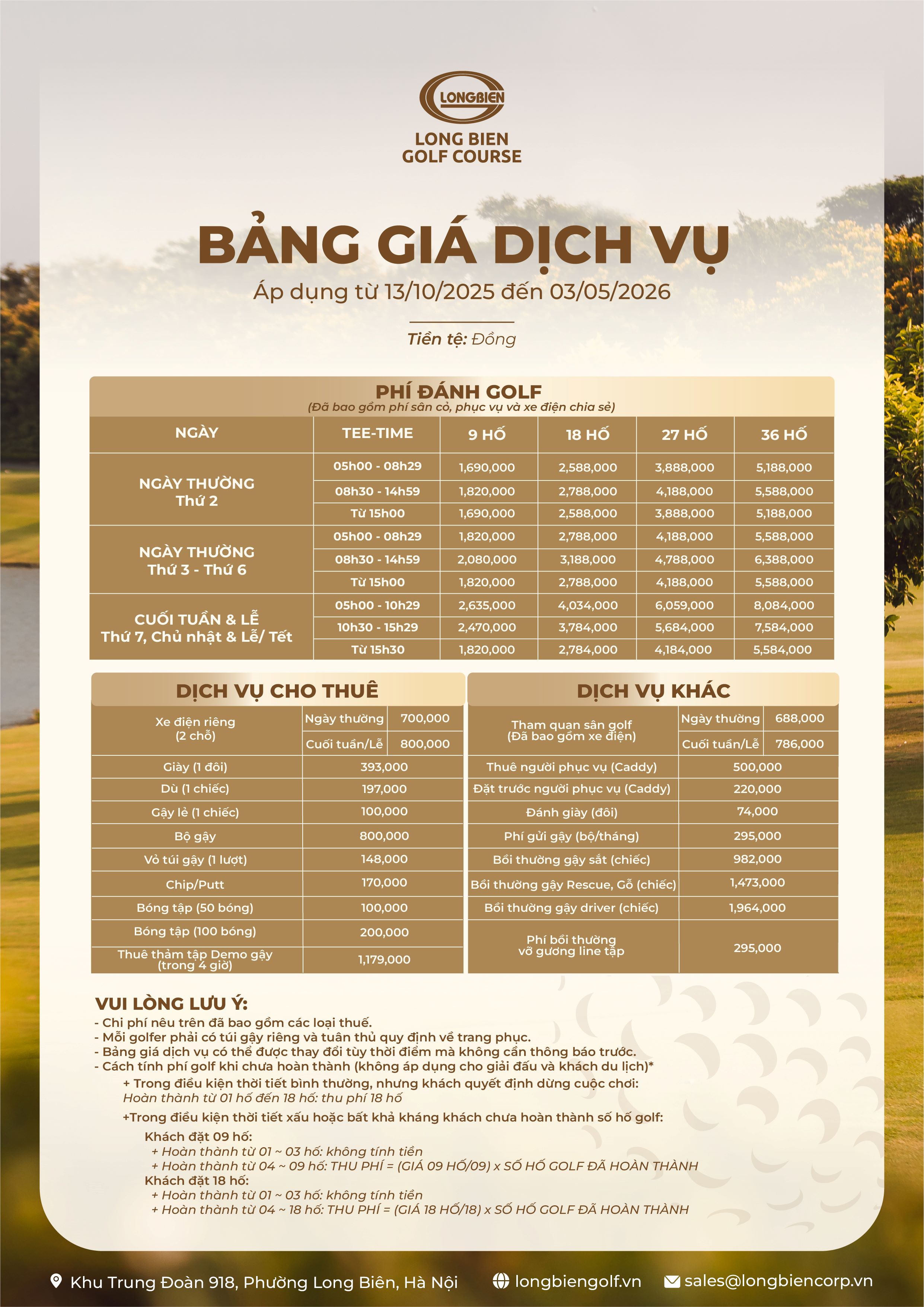 BẢNG GIÁ DỊCH VỤ